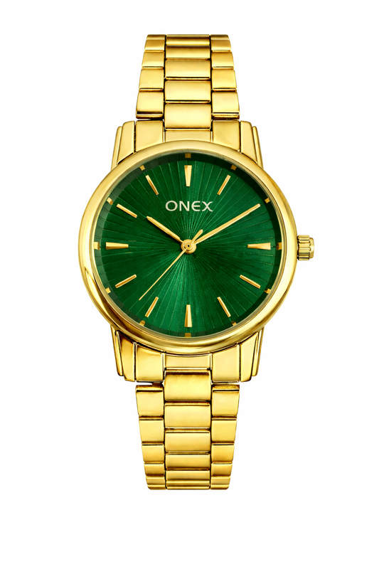 ONEX Women’s Gold Analog Watch | Premium Gold Bracelet | Sunburst Green Dial | Elegant Quartz Timepiece