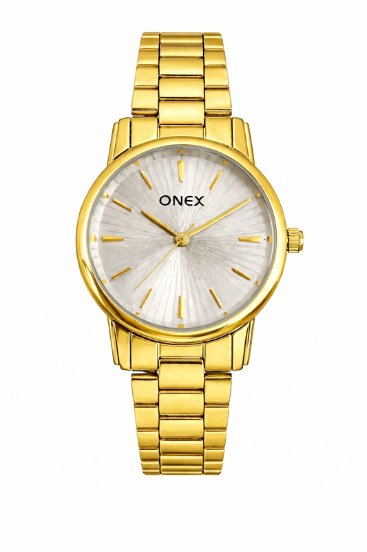 ONEX Women’s Gold Analog Watch | Premium Gold Bracelet | Sunburst Silver Dial | Elegant Quartz Timepiece