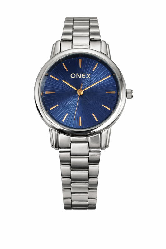 Onex Premium Analog Women’s Watch | Blue Textured Dial with Gold Markers | Stainless Steel Bracelet | Elegant Formal Watch