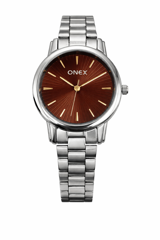Onex Premium Analog Women’s Watch | Brown Textured Dial with Gold Markers | Stainless Steel Bracelet | Elegant Formal Watch
