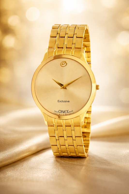 ONEX Exclusive Men’s Gold Analog Wrist Watch | Stainless Steel Metal Strap | Elegant Formal Watch