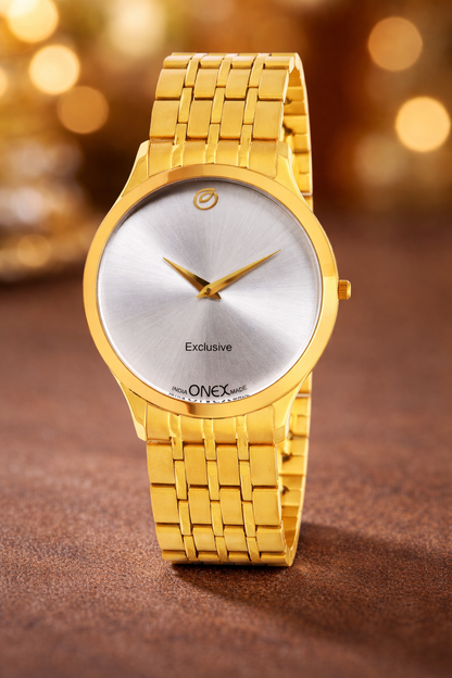 ONEX Exclusive Men’s Gold Analog Wrist Watch | Stainless Steel Metal Strap | Elegant Formal Watch
