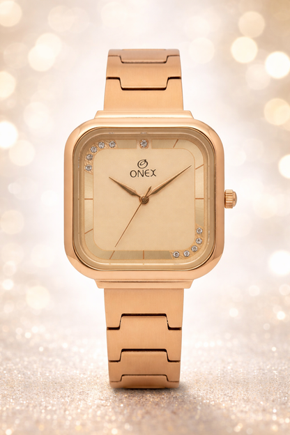 ONEX Rose Gold Square Dial Analog Watch for Women | Crystal Accent Dial | Metal Strap