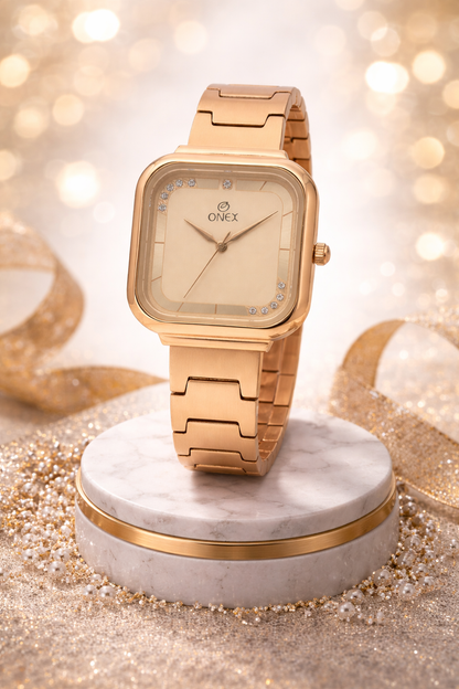 ONEX Rose Gold Square Dial Analog Watch for Women | Crystal Accent Dial | Metal Strap