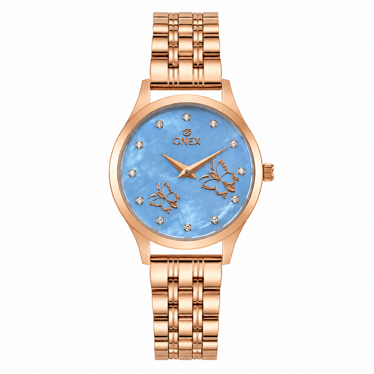 ONEX Women's Rose Gold Analog Watch with Light Blue Mother of Pearl Dial, Crystal Hour Markers & Butterfly Design | Premium Stainless Steel Bracelet | Elegant Fashion Wrist Watch