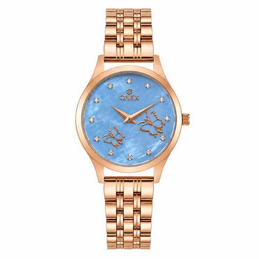 ONEX Women's Rose Gold Analog Watch with Light Blue Mother of Pearl Dial, Crystal Hour Markers & Butterfly Design | Premium Stainless Steel Bracelet | Elegant Fashion Wrist Watch
