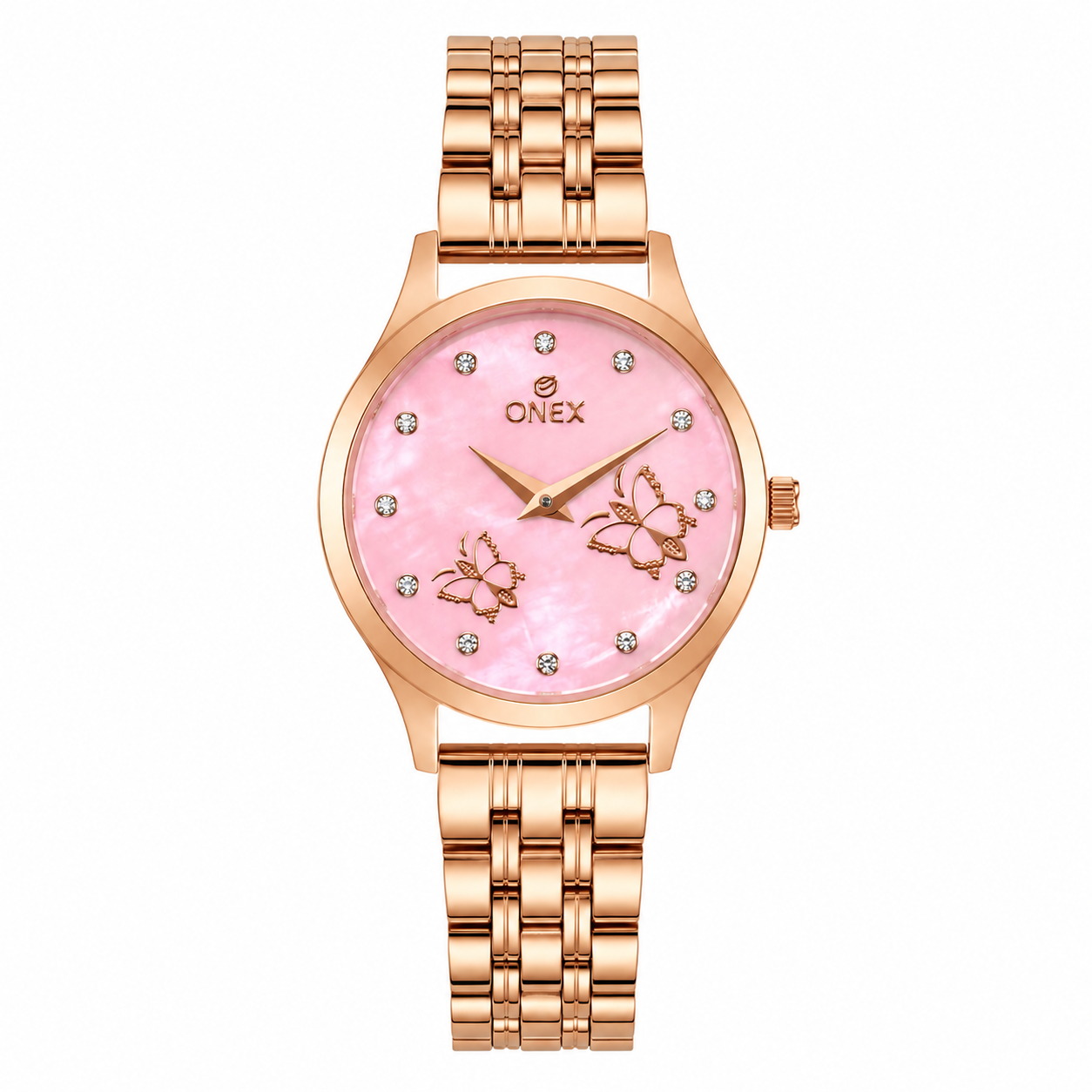 ONEX Women's Rose Gold Analog Watch with Pink Mother of Pearl Dial, Crystal Hour Markers & Butterfly Design | Premium Stainless Steel Bracelet | Elegant Fashion Wrist Watch