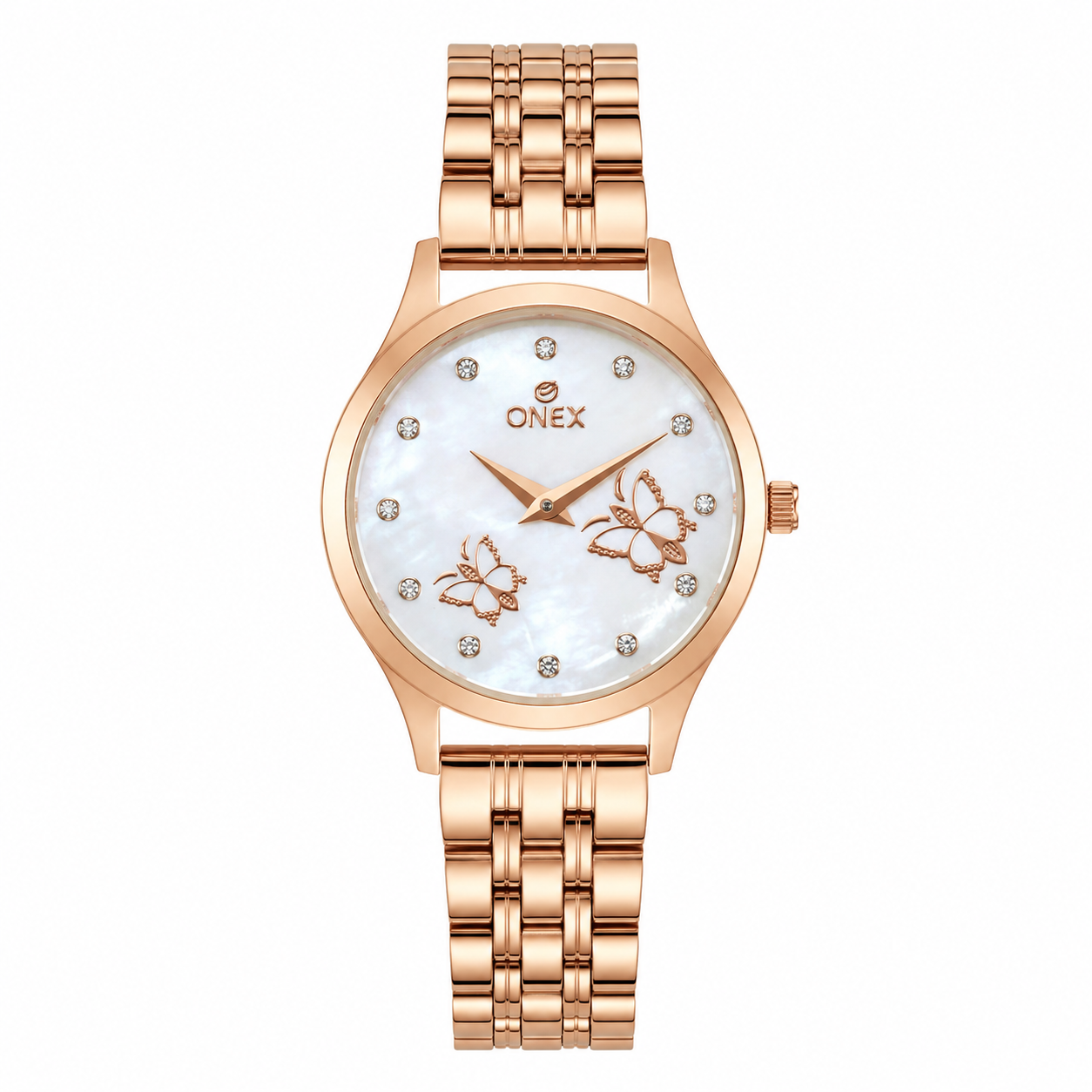 ONEX Women's Rose Gold Analog Watch with Silver Mother of Pearl Dial, Crystal Hour Markers & Butterfly Design | Premium Stainless Steel Bracelet | Elegant Fashion Wrist Watch