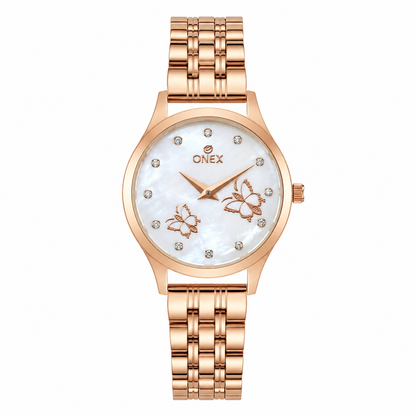 ONEX Women's Rose Gold Analog Watch with Silver Mother of Pearl Dial, Crystal Hour Markers & Butterfly Design | Premium Stainless Steel Bracelet | Elegant Fashion Wrist Watch