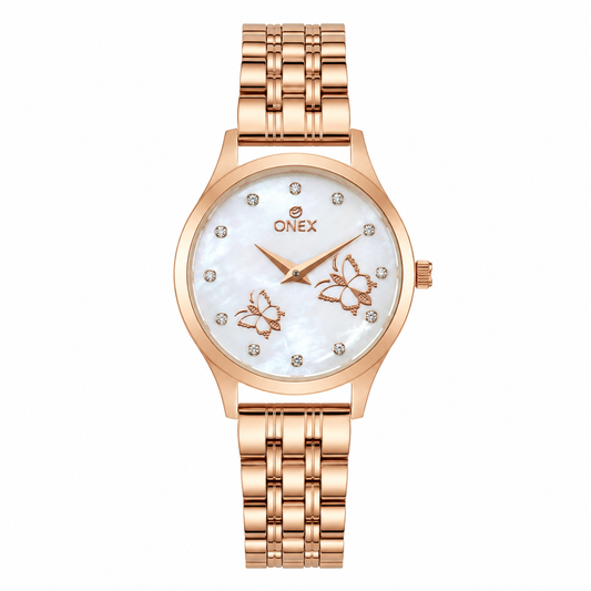 ONEX Women's Rose Gold Analog Watch with Silver Mother of Pearl Dial, Crystal Hour Markers & Butterfly Design | Premium Stainless Steel Bracelet | Elegant Fashion Wrist Watch