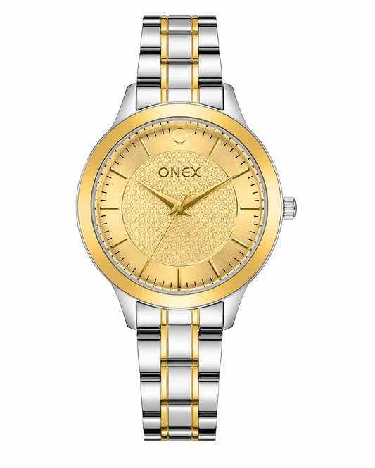 ONEX Women's Analog Quartz Watch for Women | Gold Textured Dial | Two-Tone Stainless Steel Bracelet | Premium Casual & Formal Wrist Watch