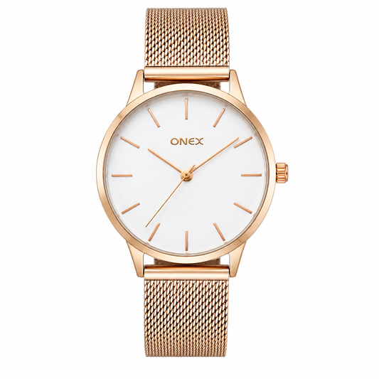 ONEX Women's Rose Gold Mesh Strap Analog Watch | Minimalist Round White Dial | Premium Quartz Wrist Watch for Women