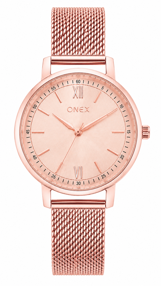 Onex Women’s Rose Gold Mesh Bracelet Watch with RoseGold Mother of Pearl Dial