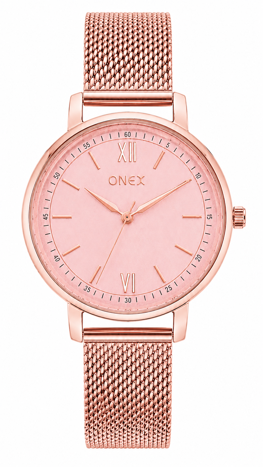 Onex Women’s Rose Gold Mesh Bracelet Watch with Light Pink Mother of Pearl Dial