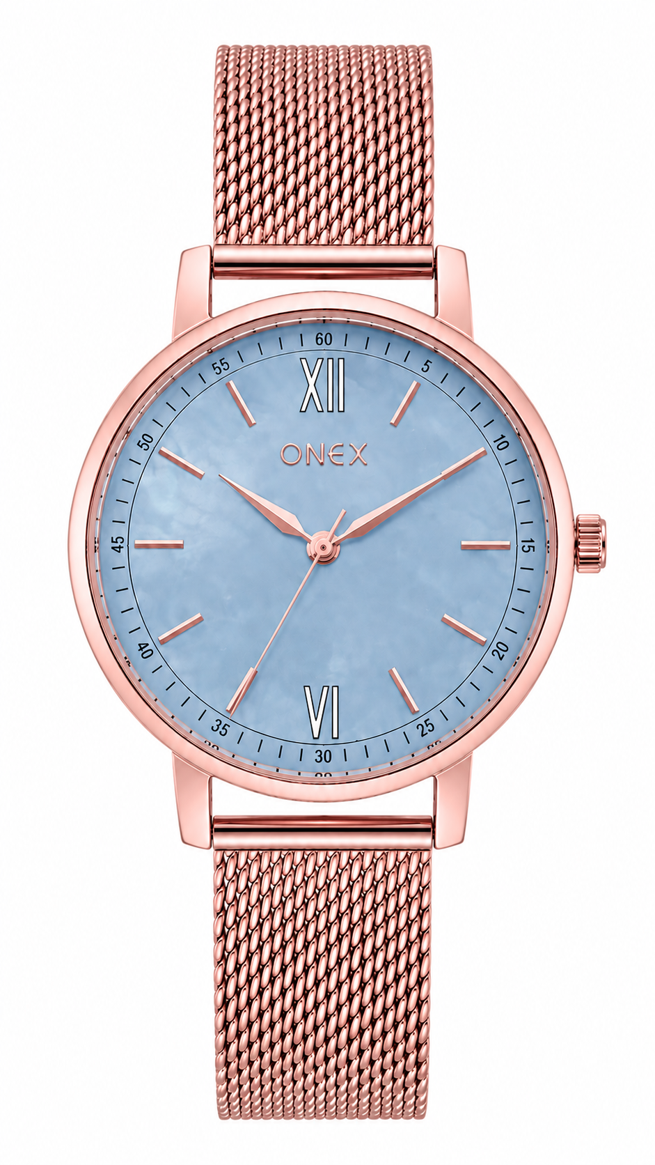 Onex Women’s Rose Gold Mesh Bracelet Watch with Peach Mother of Pearl Dial