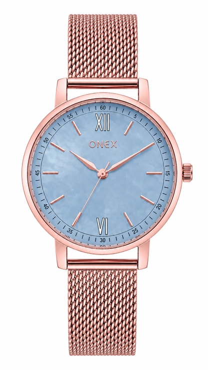 Onex Women’s Rose Gold Mesh Bracelet Watch with Peach Mother of Pearl Dial