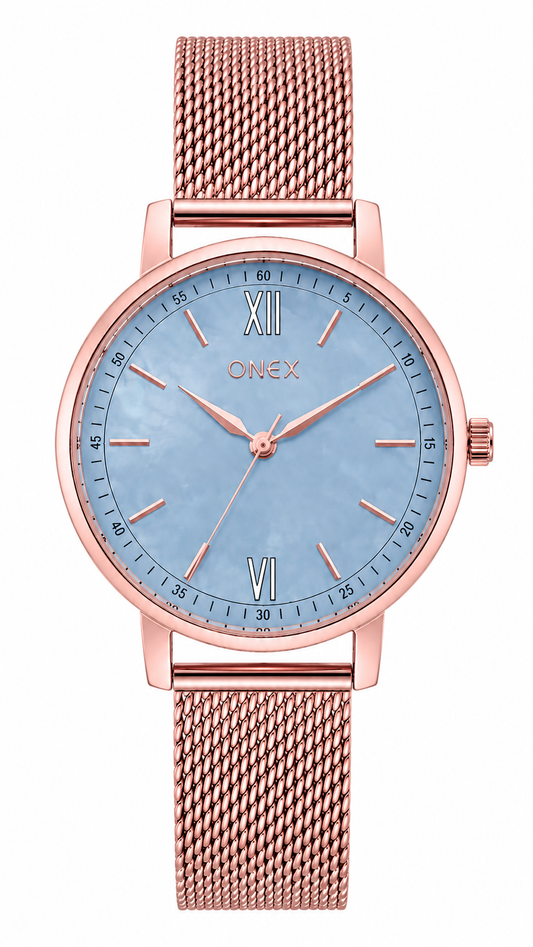 Onex Women’s Rose Gold Mesh Bracelet Watch with Peach Mother of Pearl Dial