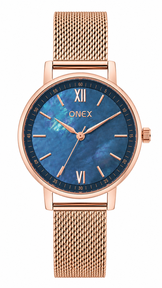 Onex Women’s Rose Gold Mesh Bracelet Watch with Dark Blue Mother of Pearl Dial