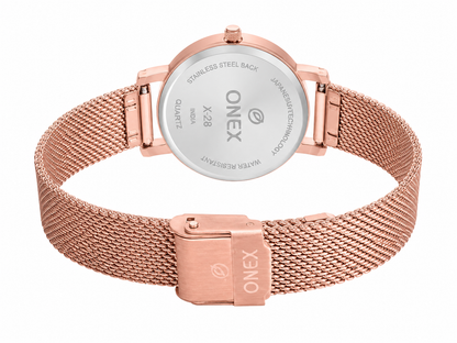 Onex Women’s Rose Gold Mesh Bracelet Watch with Light Pink Mother of Pearl Dial