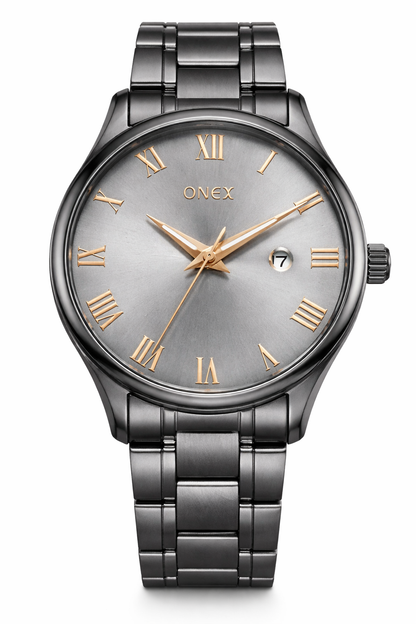 Onex Men’s Premium Gunmetal Stainless Steel Watch with Grey Sunray Dial & Rose Gold Roman Markers | Date Display