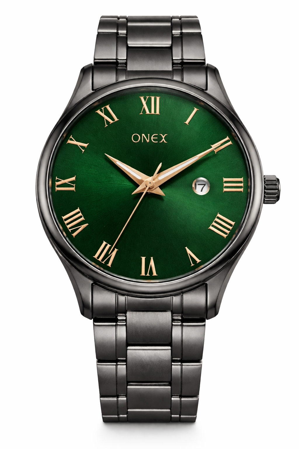 Onex Men’s Premium Gunmetal Stainless Steel Watch with Green Sunray Dial & Rose Gold Roman Markers | Date Display