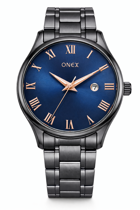 Onex Men’s Premium Gunmetal Stainless Steel Watch with Blue Sunray Dial & Rose Gold Roman Markers | Date Display