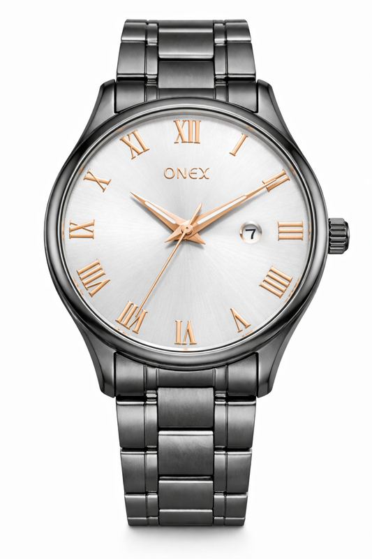 Onex Men’s Premium Gunmetal Stainless Steel Watch with Silver Sunray Dial & Rose Gold Roman Markers | Date Display
