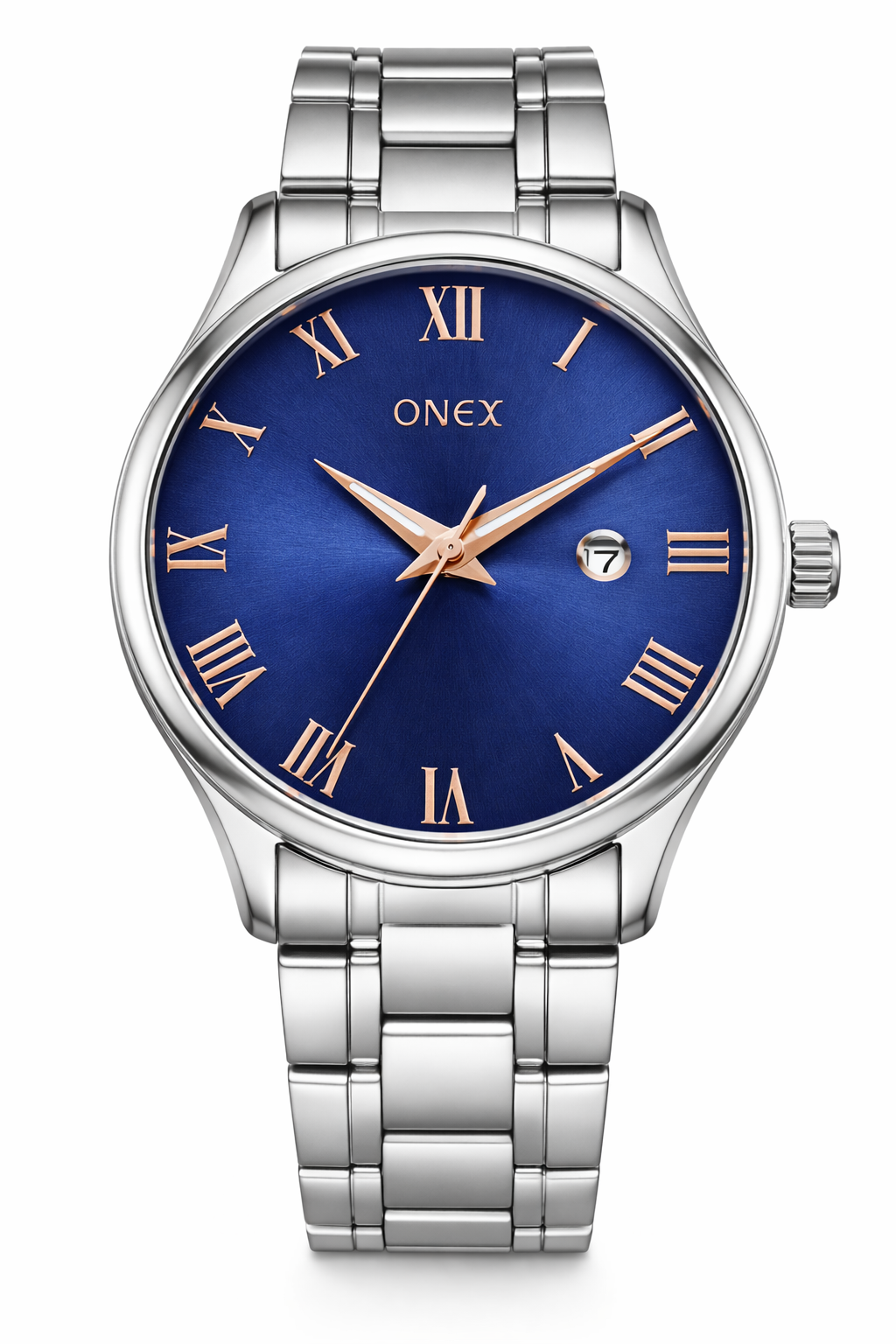 Onex Men’s Silver Stainless Steel Watch with Blue Sunray Dial & Rose Gold Roman Index | Date Function