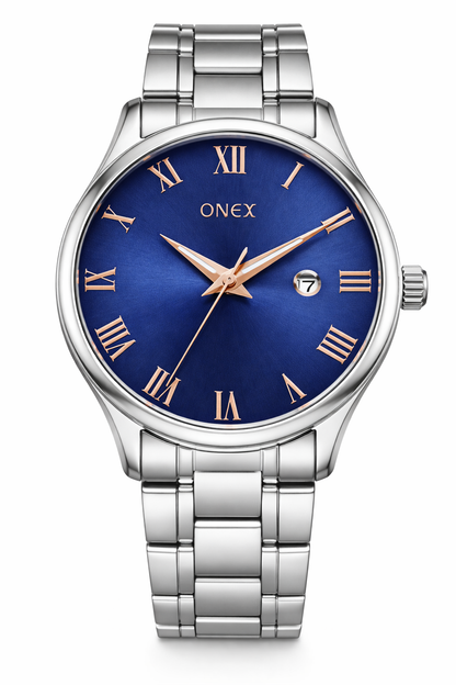 Onex Men’s Silver Stainless Steel Watch with Blue Sunray Dial & Rose Gold Roman Index | Date Function