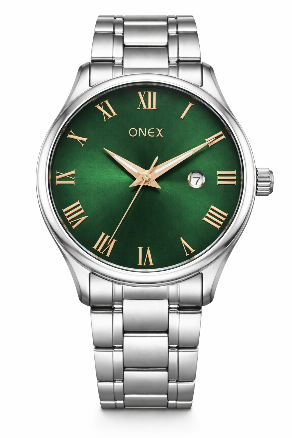Onex Men’s Silver Stainless Steel Watch with Green Sunray Dial & Rose Gold Roman Index | Date Function