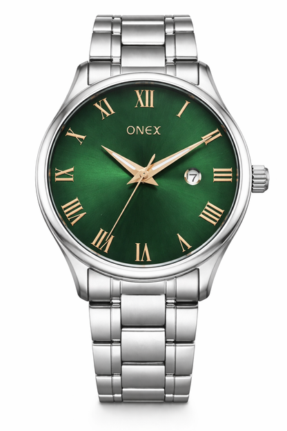 Onex Men’s Silver Stainless Steel Watch with Green Sunray Dial & Rose Gold Roman Index | Date Function
