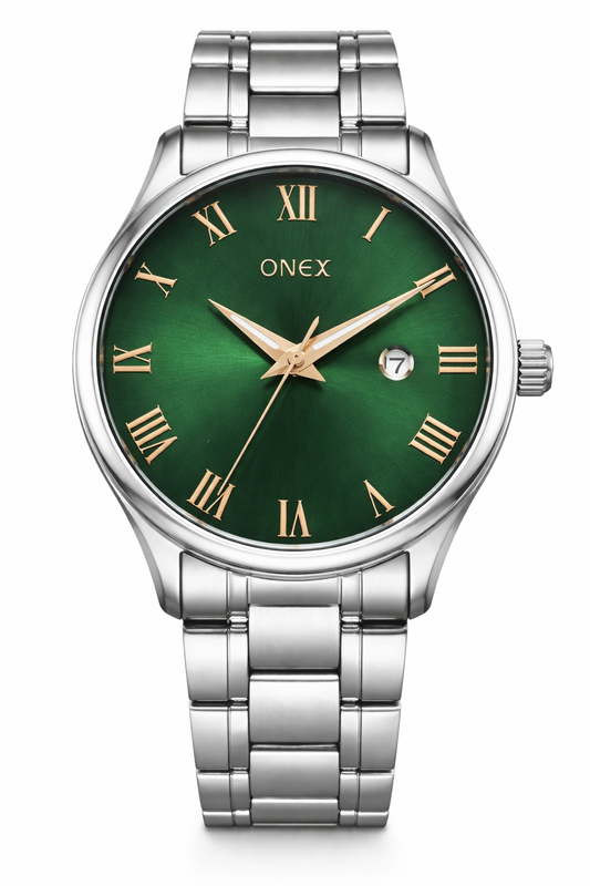 Onex Men’s Silver Stainless Steel Watch with Green Sunray Dial & Rose Gold Roman Index | Date Function