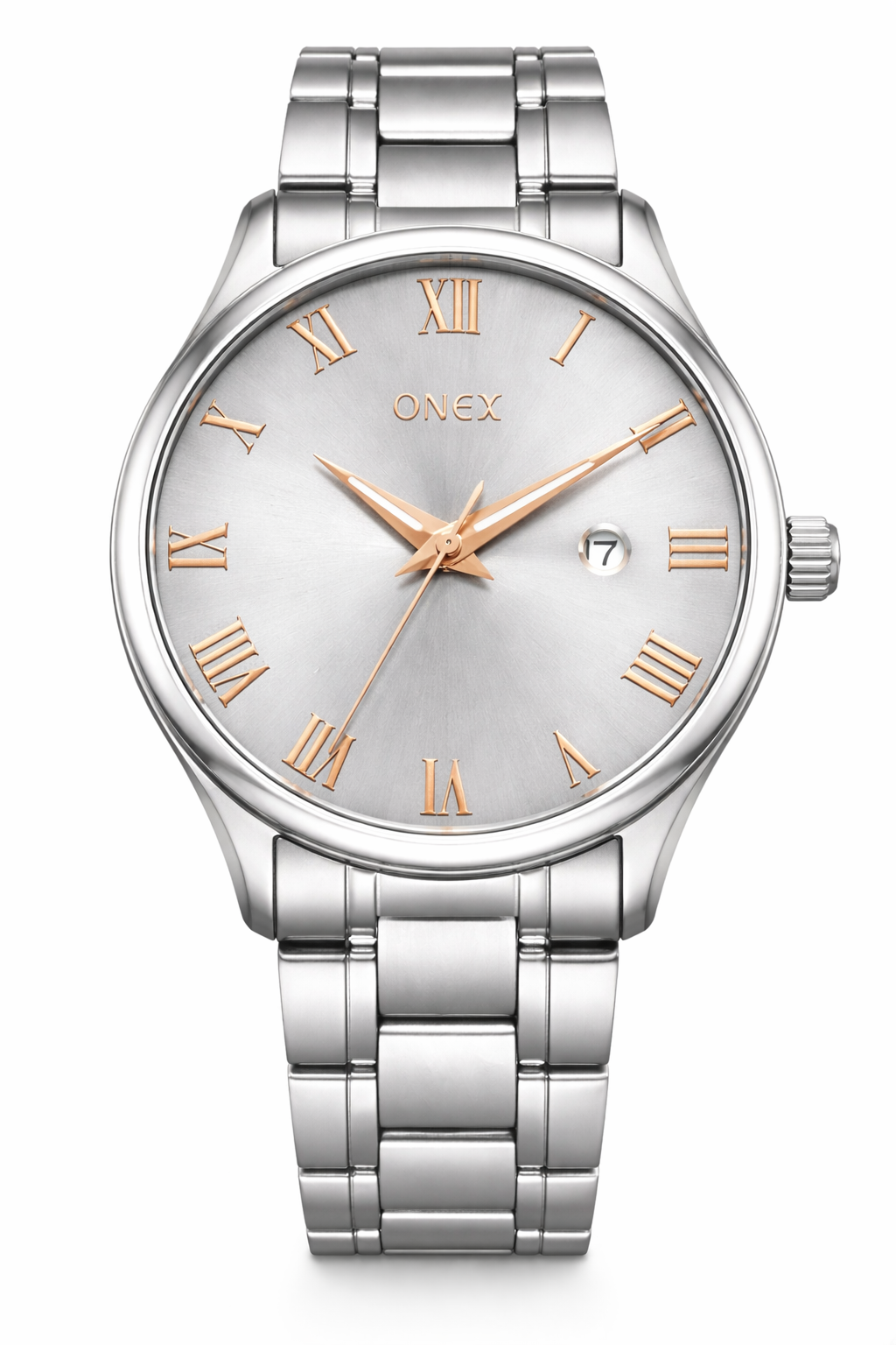Onex Men’s Silver Stainless Steel Watch with Silver Sunray Dial & Rose Gold Roman Index | Date Function