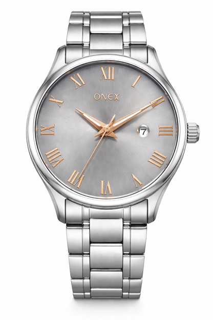 Onex Men’s Silver Stainless Steel Watch with Grey Sunray Dial & Rose Gold Roman Index | Date Function