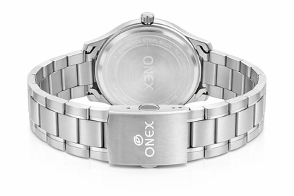 Onex Men’s Silver Stainless Steel Watch with Blue Sunray Dial & Rose Gold Roman Index | Date Function