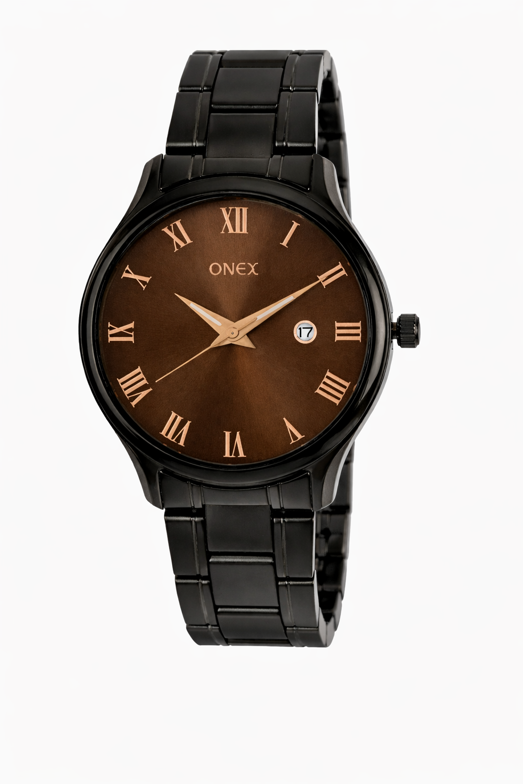 Onex Classic Brown Dial Rose Gold Roman Analog Watch for Men – Stainless Steel Strap with Date Display