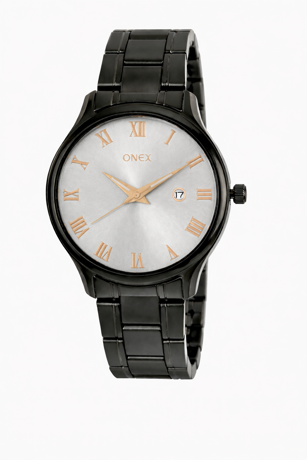 Onex Classic Silver Dial Rose Gold Roman Analog Watch for Men – Stainless Steel Strap with Date Display