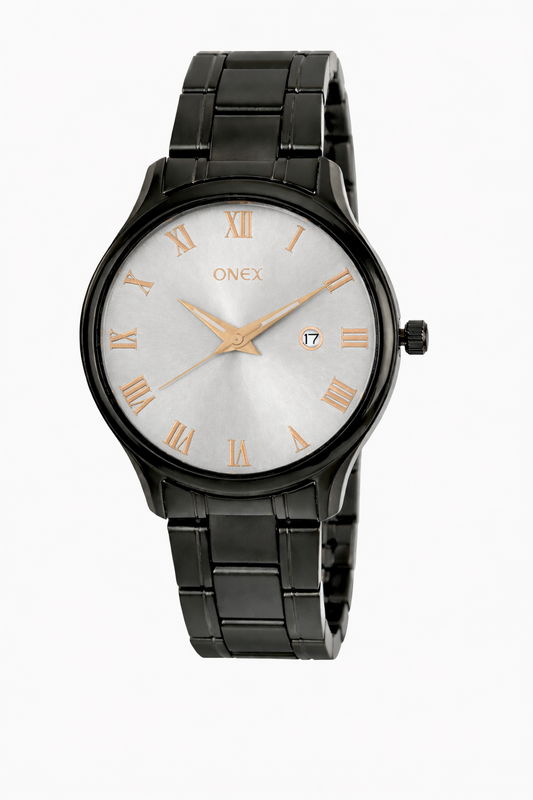 Onex Classic Silver Dial Rose Gold Roman Analog Watch for Men – Stainless Steel Strap with Date Display