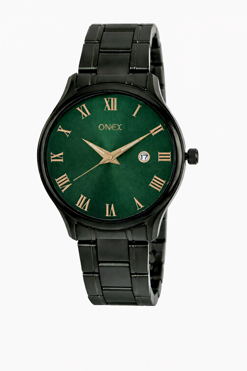 Onex Classic Green Dial Rose Gold Roman Analog Watch for Men – Stainless Steel Strap with Date Display