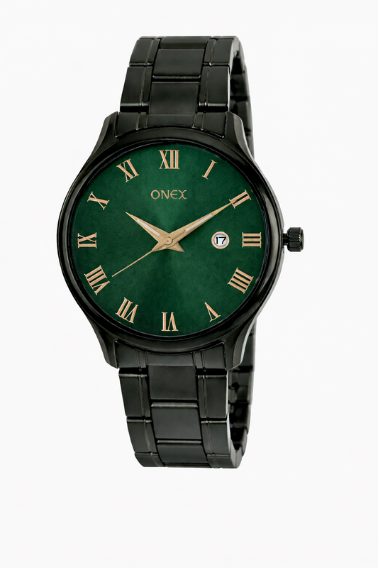 Onex Classic Green Dial Rose Gold Roman Analog Watch for Men – Stainless Steel Strap with Date Display