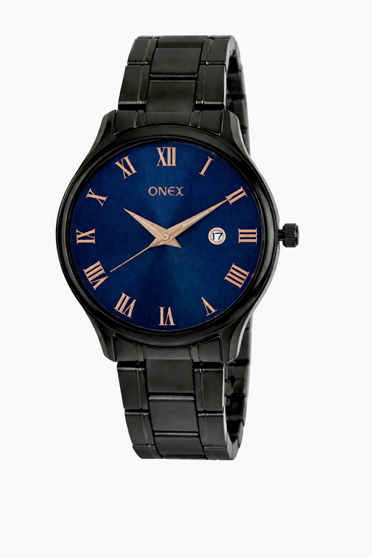 Onex Classic Blue Dial Rose Gold Roman Analog Watch for Men – Stainless Steel Strap with Date Display