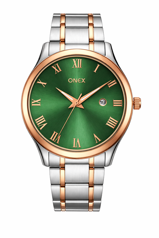 Onex Elegant Green Dial Two-Tone Stainless Steel Analog Watch for Men – Roman Index with Date Display