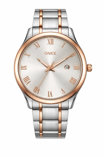Onex Elegant Silver Dial Two-Tone Stainless Steel Analog Watch for Men – Roman Index with Date Display