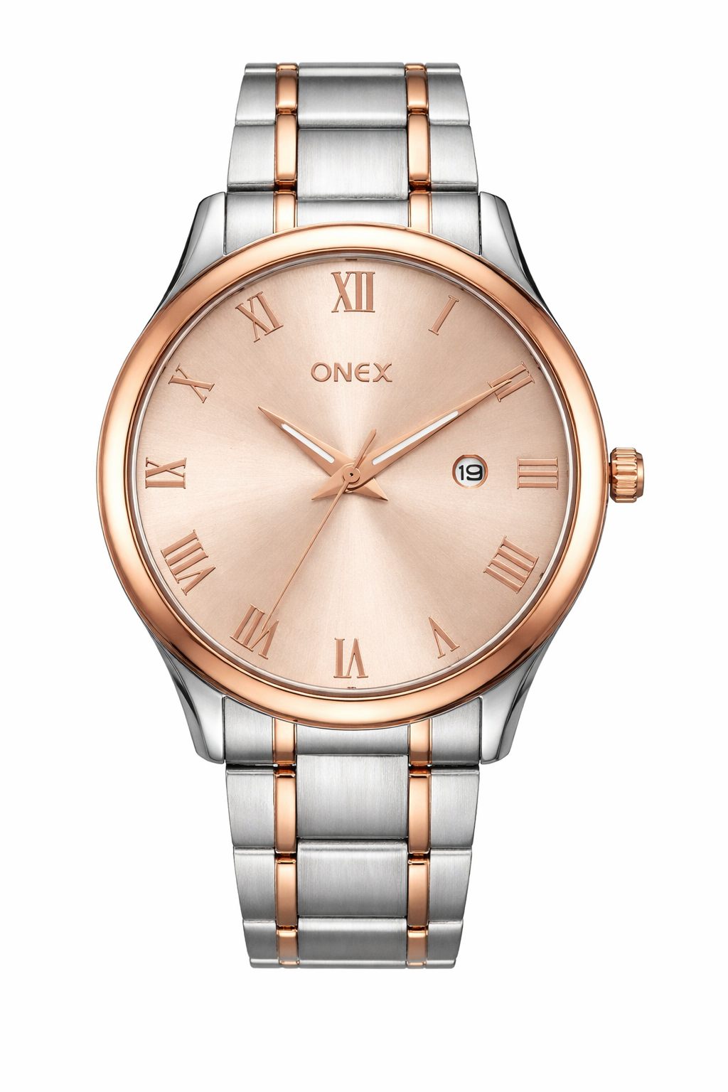 Onex Elegant Rose Gold Dial Two-Tone Stainless Steel Analog Watch for Men – Roman Index with Date Display