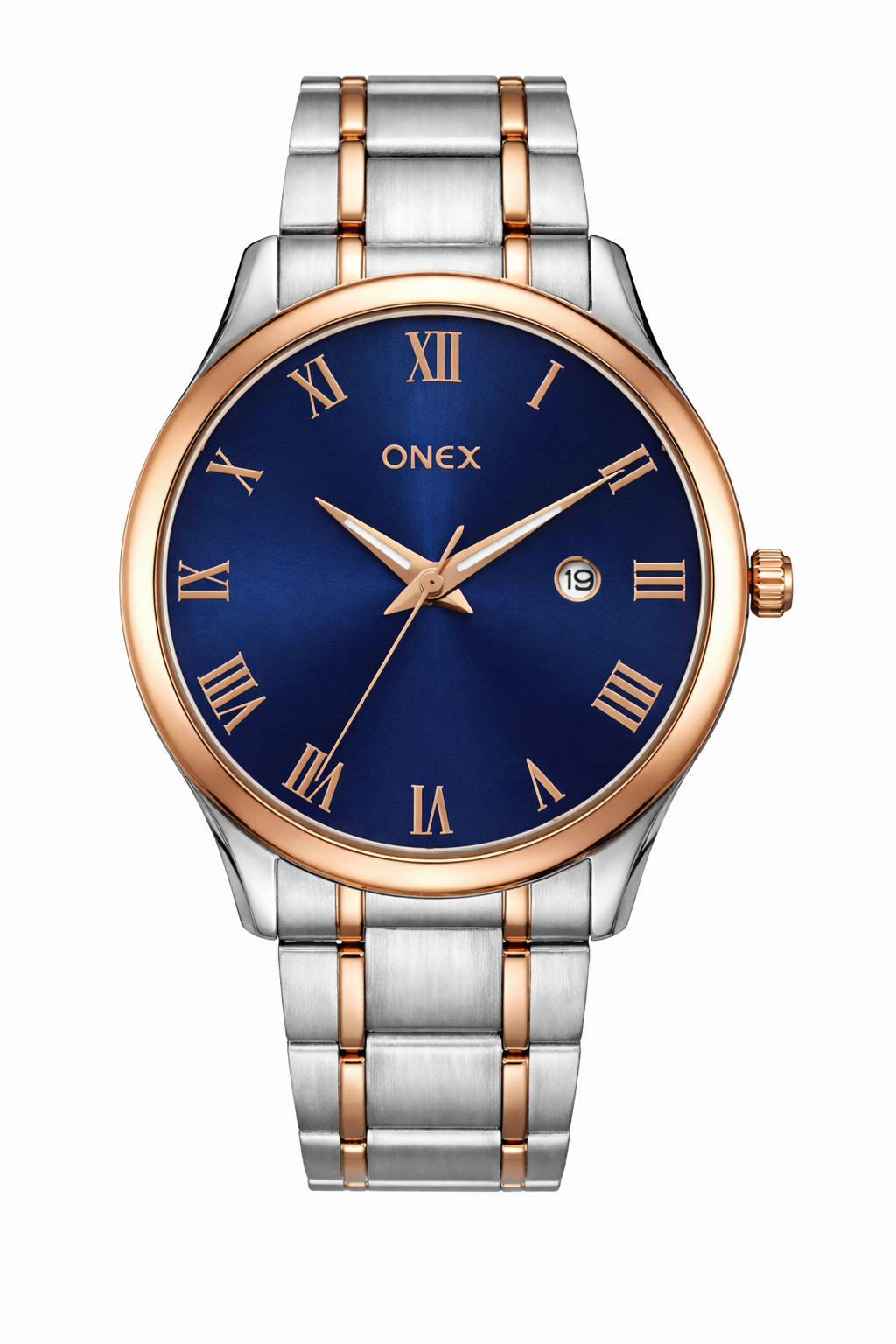 Onex Elegant Blue Dial Two-Tone Stainless Steel Analog Watch for Men – Roman Index with Date Display