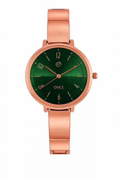 Onex Elegant Rose Gold Bracelet Watch with Deep Green Sunray Dial for Women