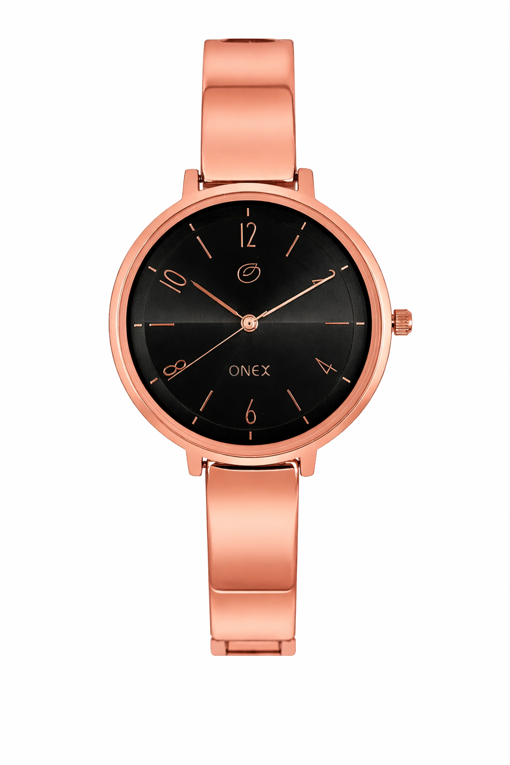 Onex Elegant Rose Gold Bracelet Watch with Deep Black Sunray Dial for Women