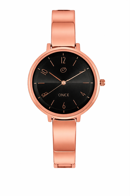 Onex Elegant Rose Gold Bracelet Watch with Deep Black Sunray Dial for Women