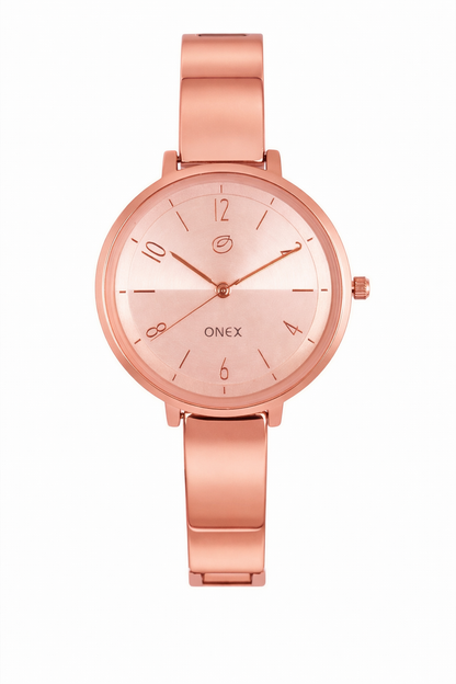 Onex Elegant Rose Gold Bracelet Watch with Deep Rosegold Sunray Dial for Women