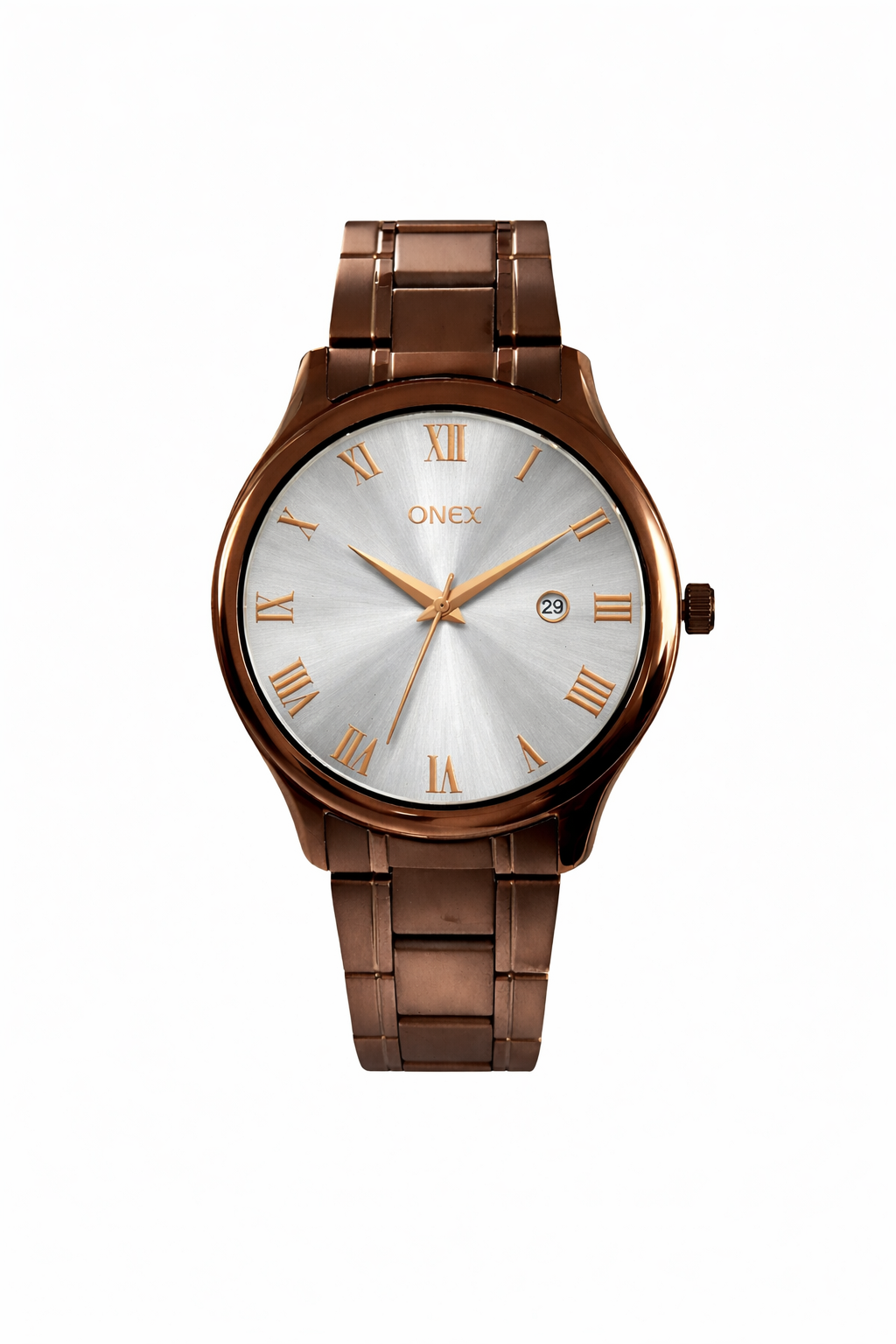ONEX Men’s Analog Watch with Date | Silver Sunray Dial | Brown Stainless Steel Strap | Roman Index Classic Gents Wrist Watch
